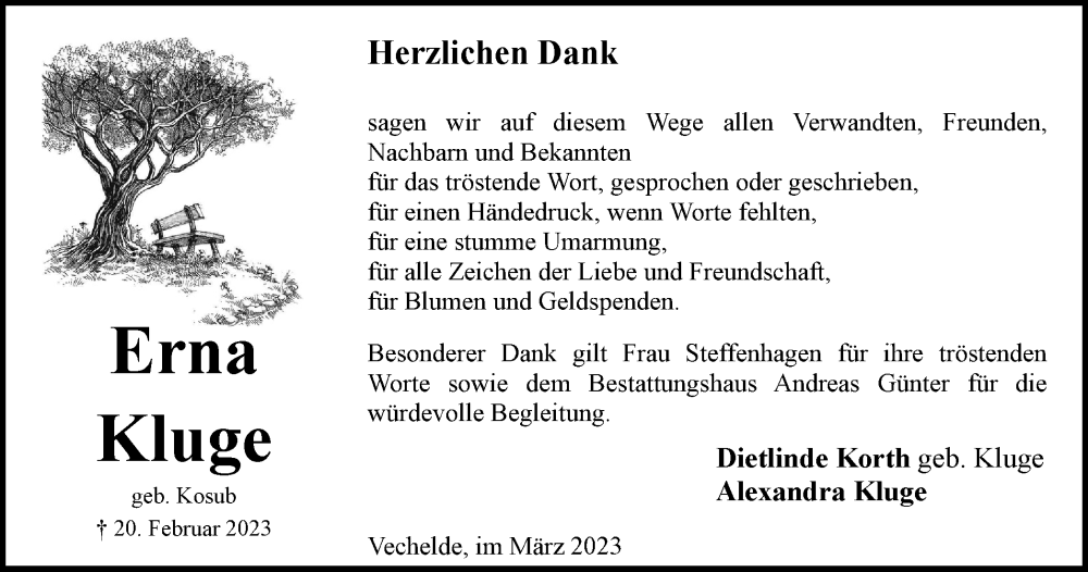  Traueranzeige für Erna Kluge vom 25.03.2023 aus Braunschweiger Zeitung