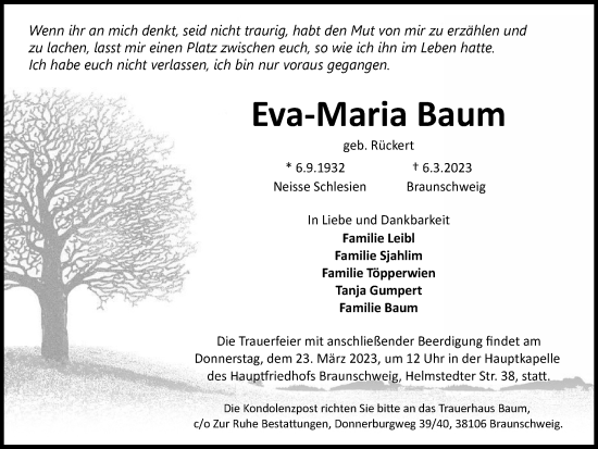 Traueranzeige von Eva-Maria Baum von Braunschweiger Zeitung