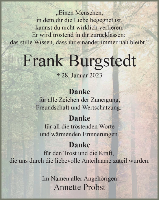 Traueranzeige von Frank Burgstedt von Wolfsburger Nachrichten