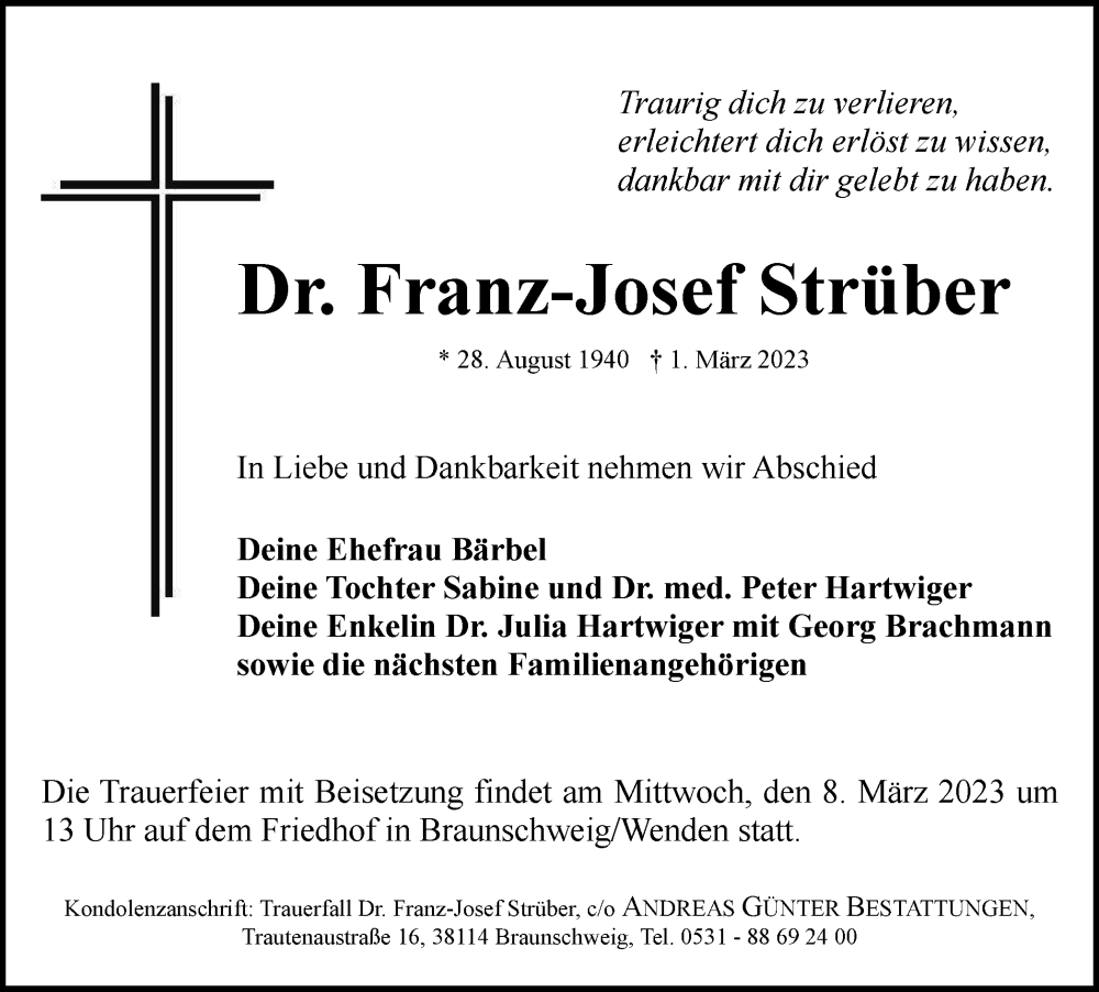  Traueranzeige für Franz-Josef Strüber vom 04.03.2023 aus Braunschweiger Zeitung