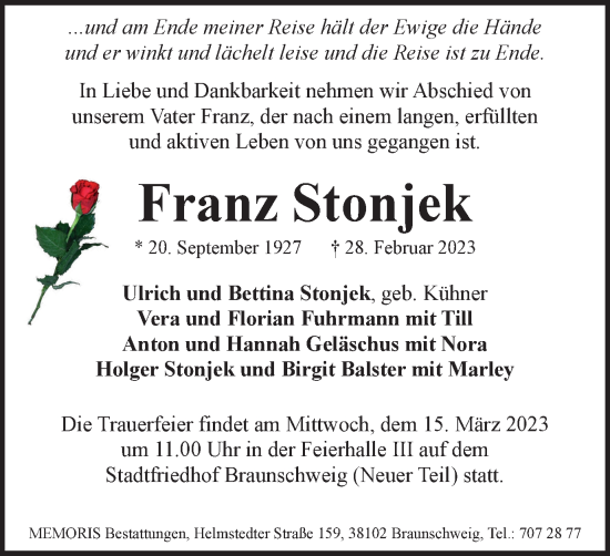Traueranzeige von Franz Stonjek von Braunschweiger Zeitung
