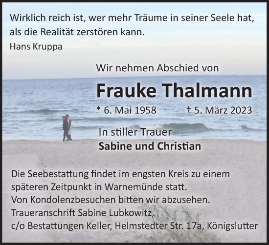 Traueranzeige von Frauke Thalmann von Helmstedter Nachrichten
