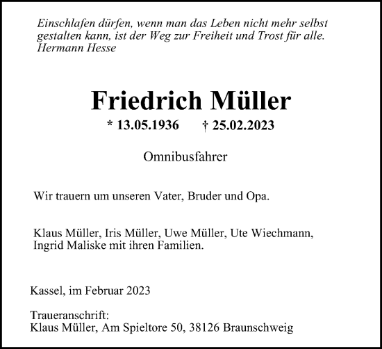 Traueranzeige von Friedrich Müller von Salzgitter-Zeitung
