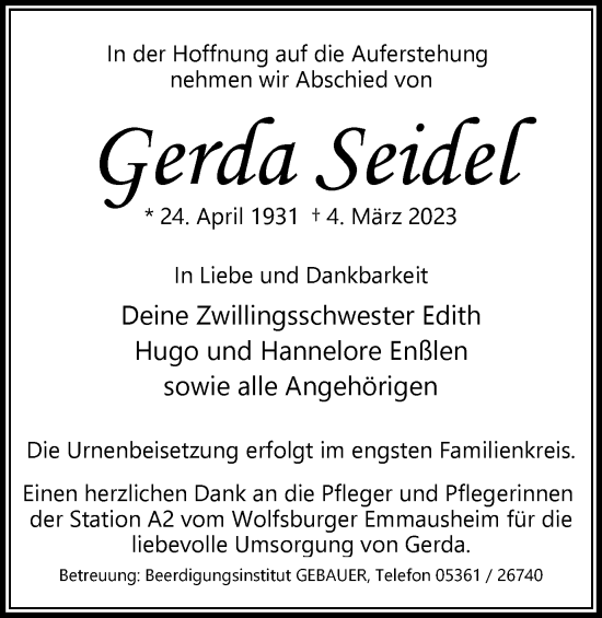 Traueranzeige von Gerda Seidel von Wolfsburger Nachrichten