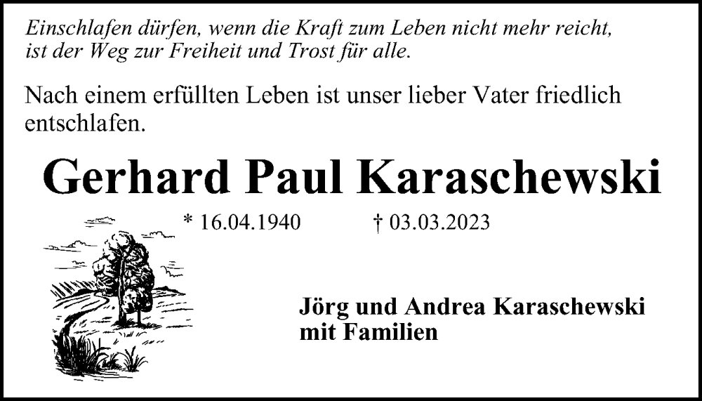  Traueranzeige für Gerhard Paul Karaschewski vom 08.03.2023 aus Wolfsburger Nachrichten