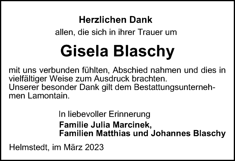  Traueranzeige für Gisela Blaschy vom 25.03.2023 aus Helmstedter Nachrichten