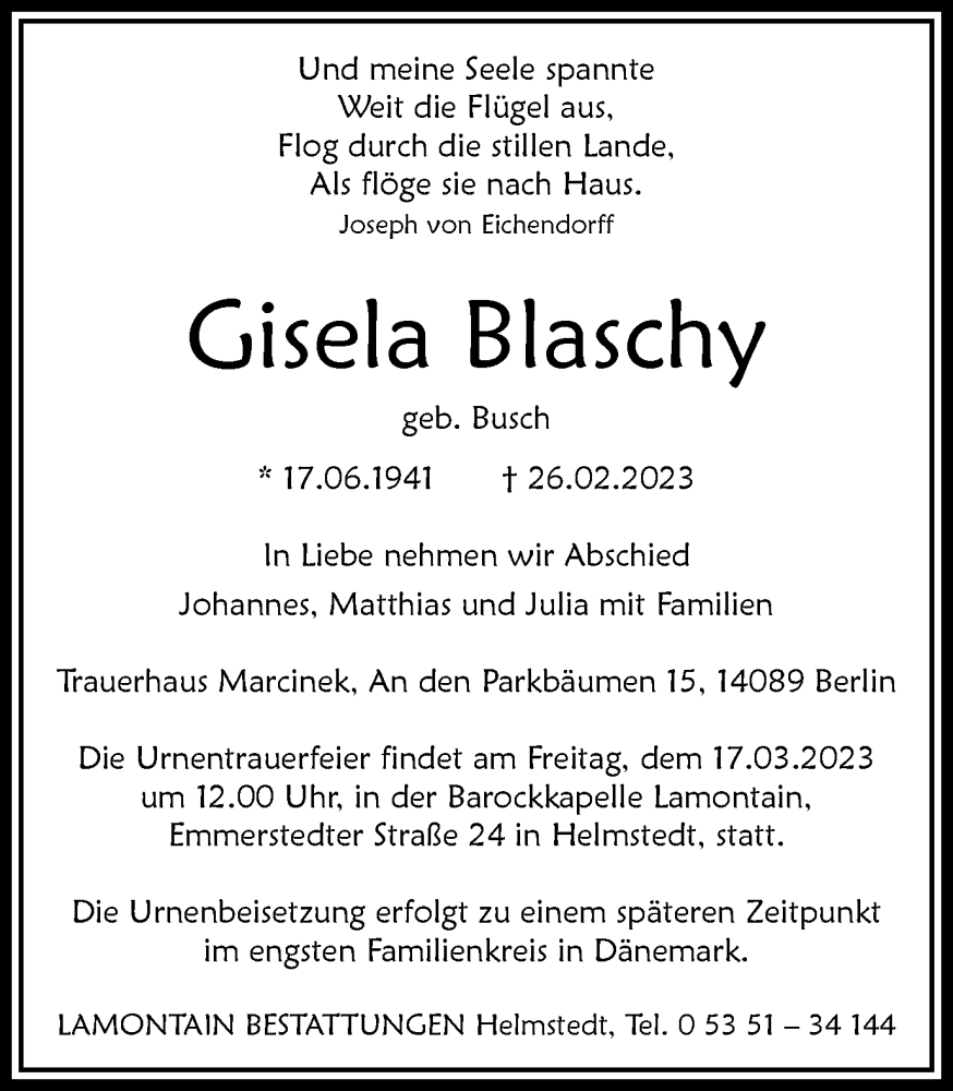  Traueranzeige für Gisela Blaschy vom 04.03.2023 aus Helmstedter Nachrichten
