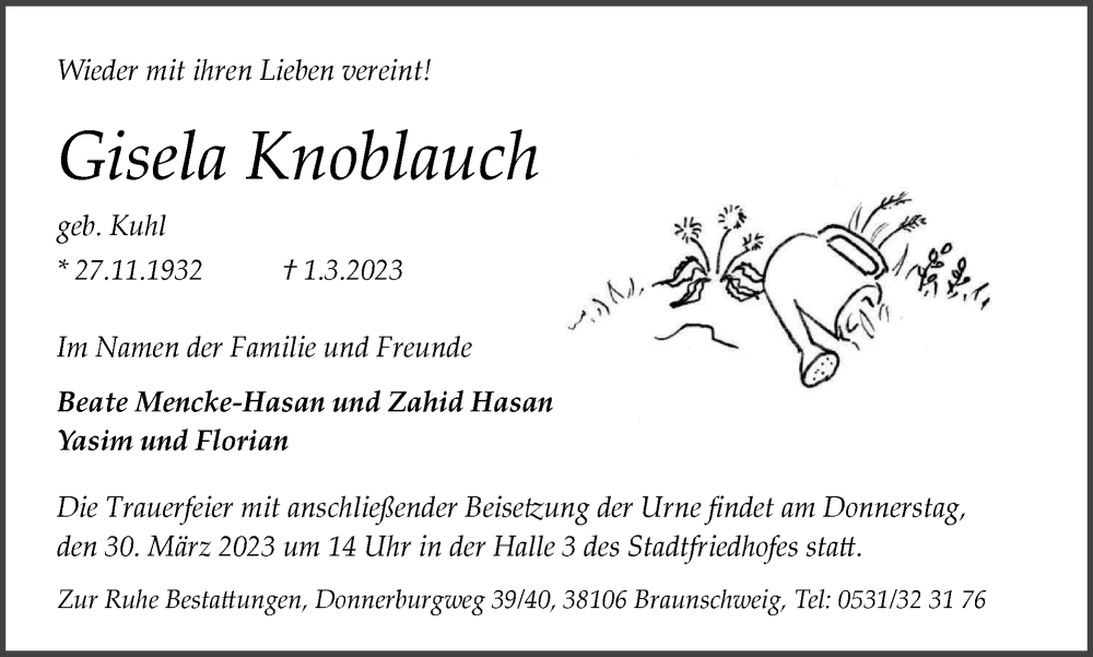  Traueranzeige für Gisela Knoblauch vom 25.03.2023 aus Braunschweiger Zeitung