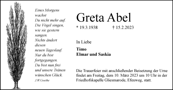 Traueranzeige von Greta Abel von Braunschweiger Zeitung