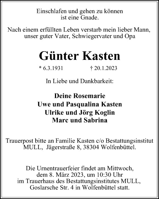 Traueranzeige von Günter Kasten von Wolfenbütteler Zeitung