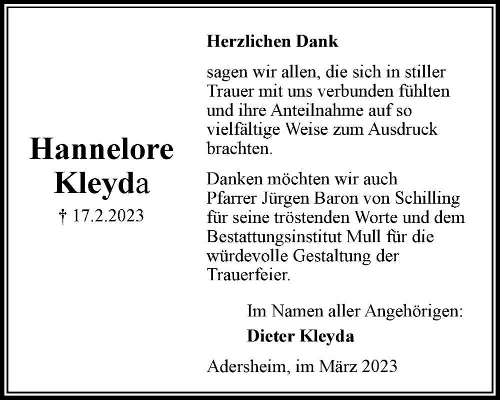  Traueranzeige für Hannelore Kleyda vom 18.03.2023 aus Salzgitter-Zeitung