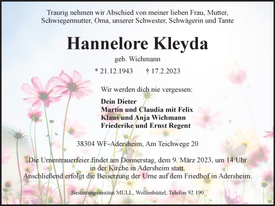 Traueranzeige von Hannelore Kleyda von Salzgitter-Zeitung