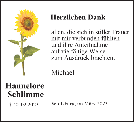 Traueranzeige von Hannelore Schlimme von Wolfsburger Nachrichten