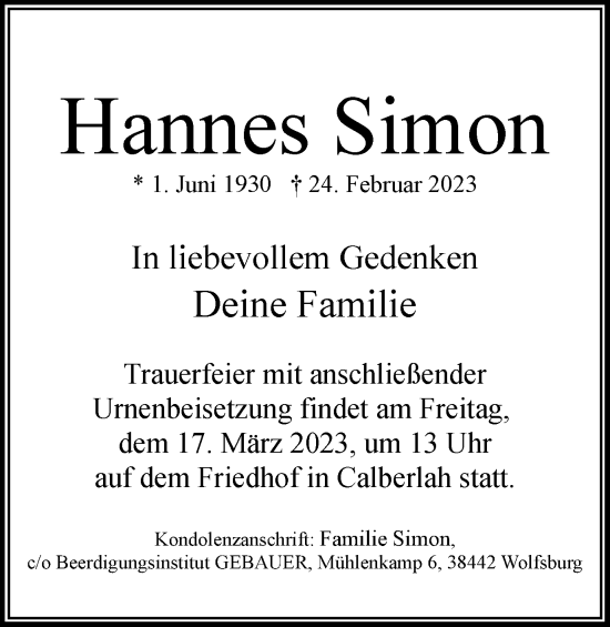 Traueranzeige von Hannes Simon von Wolfsburger Nachrichten