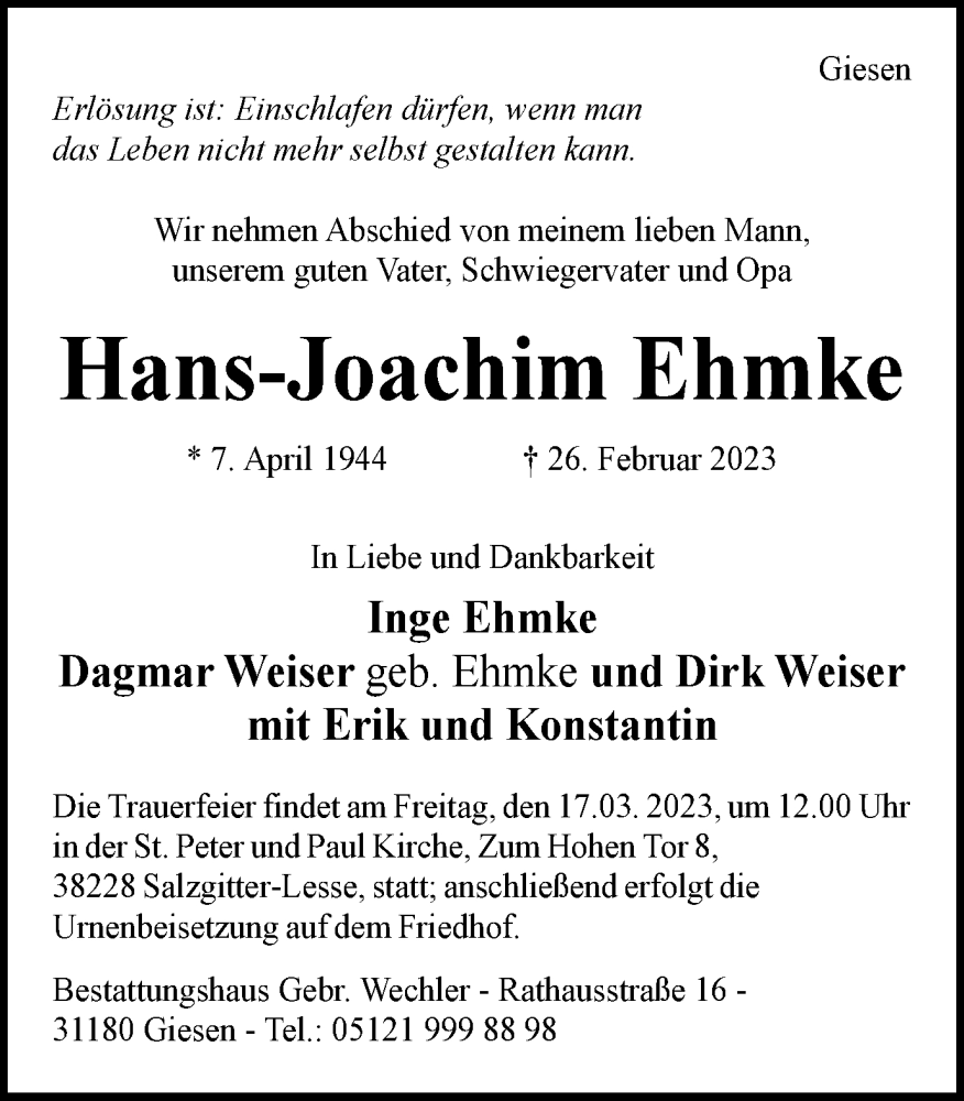  Traueranzeige für Hans-Joachim Ehmke vom 08.03.2023 aus Salzgitter-Zeitung