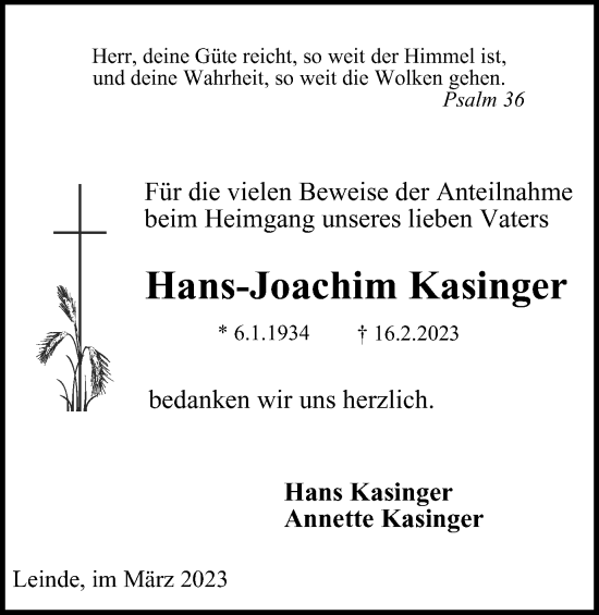 Traueranzeige von Hans-Joachim Kasinger von Wolfenbütteler Zeitung