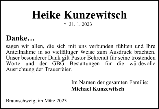 Traueranzeige von Heike Kunzewitsch von Braunschweiger Zeitung