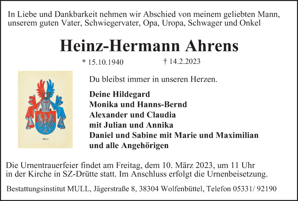  Traueranzeige für Heinz-Hermann Ahrens vom 04.03.2023 aus Salzgitter-Zeitung