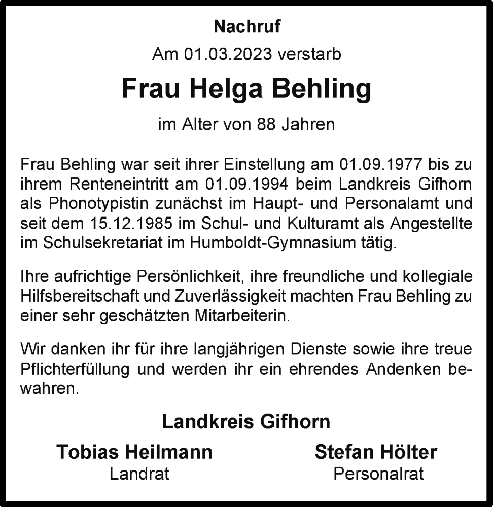 Traueranzeige für Helga Behling vom 17.03.2023 aus Wolfsburger Nachrichten