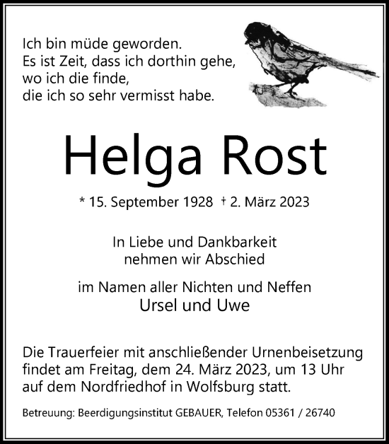 Traueranzeige von Helga Rost von Wolfsburger Nachrichten