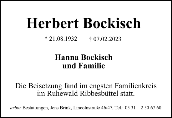 Traueranzeige von Herbert Bockisch von Braunschweiger Zeitung