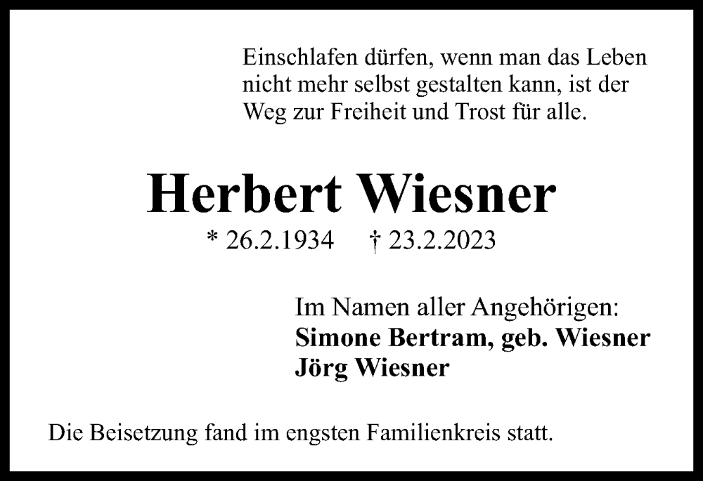  Traueranzeige für Herbert Wiesner vom 25.03.2023 aus Salzgitter-Zeitung