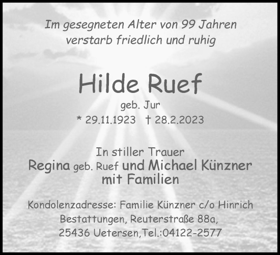 Traueranzeige von Hilde Ruef von Braunschweiger Zeitung