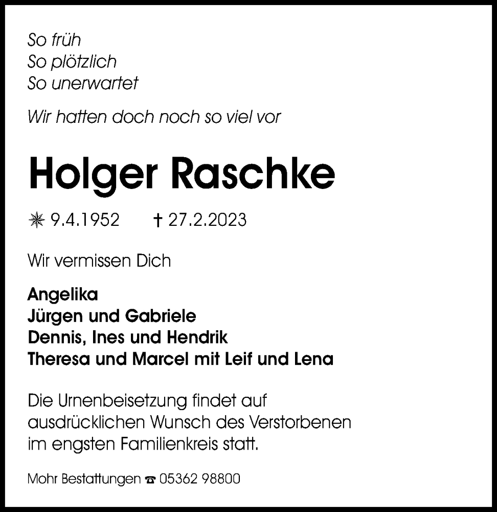  Traueranzeige für Holger Raschke vom 15.03.2023 aus Wolfsburger Nachrichten
