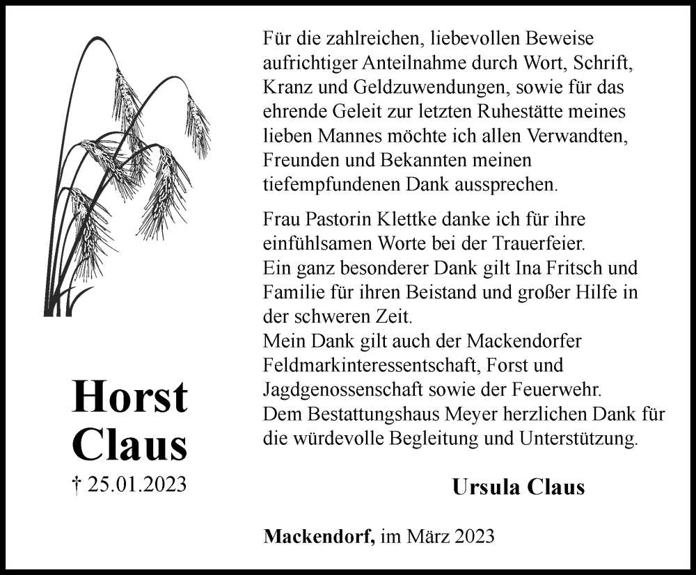  Traueranzeige für Horst Claus vom 04.03.2023 aus Helmstedter Nachrichten