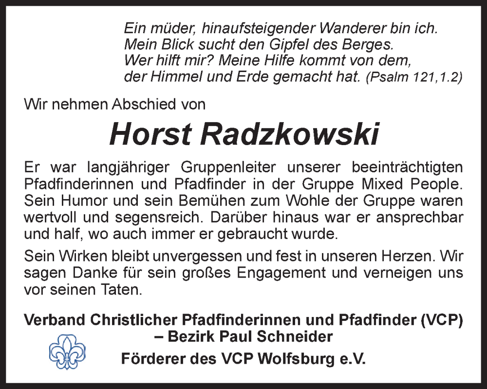  Traueranzeige für Horst Radzkowski vom 18.03.2023 aus Wolfsburger Nachrichten
