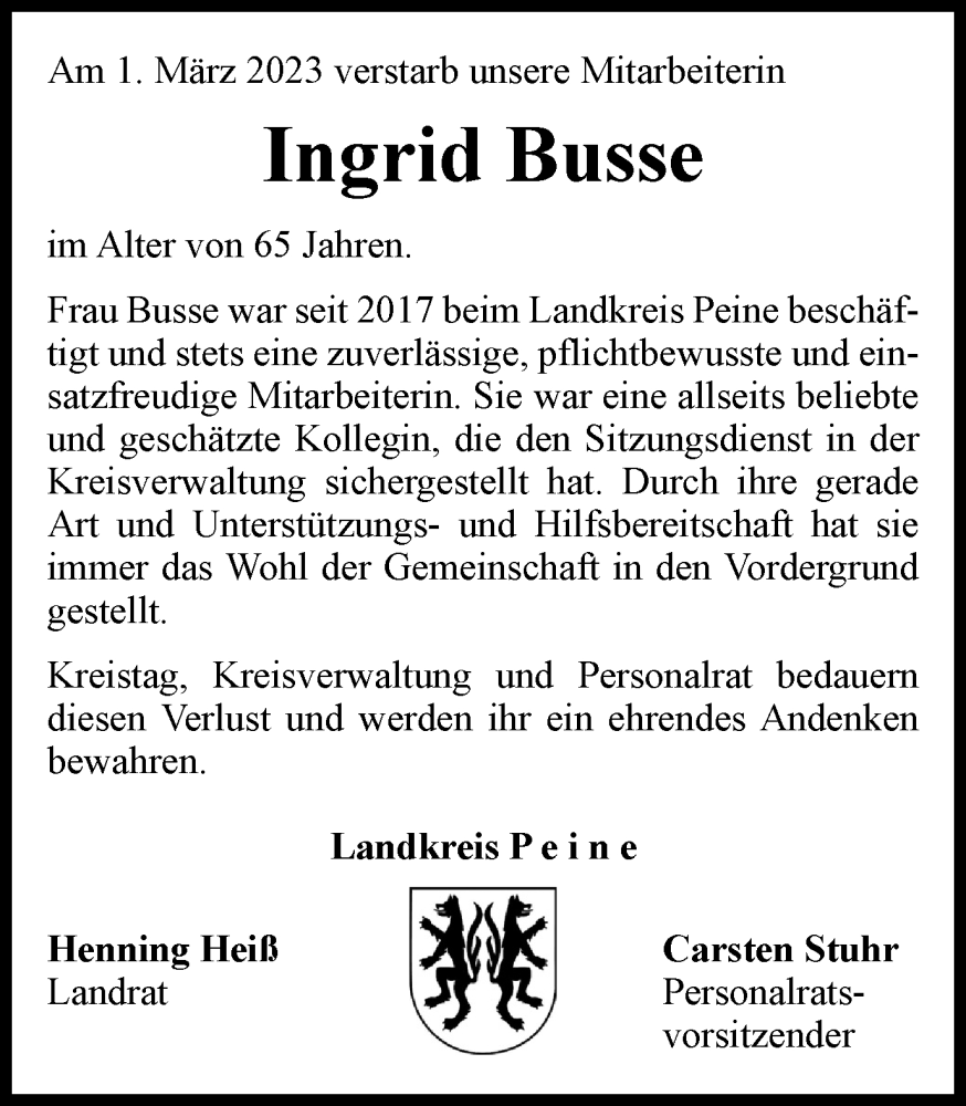  Traueranzeige für Ingrid Busse vom 11.03.2023 aus Peiner Nachrichten