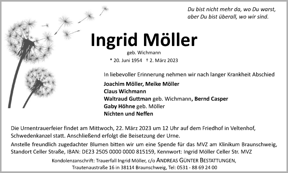  Traueranzeige für Ingrid Möller vom 11.03.2023 aus Braunschweiger Zeitung