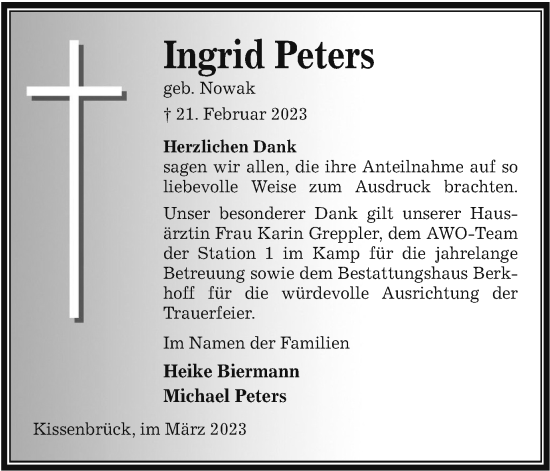 Traueranzeige von Ingrid Peters von Salzgitter-Zeitung, Wolfenbütteler Zeitung