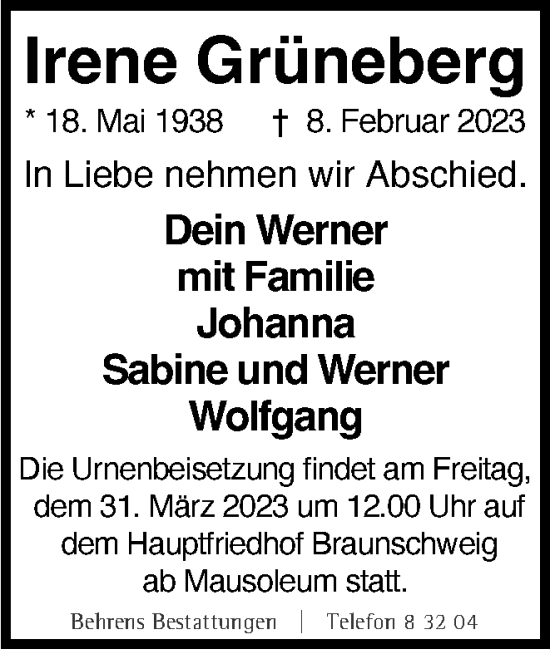 Traueranzeige von Irene Grüneberg von Braunschweiger Zeitung