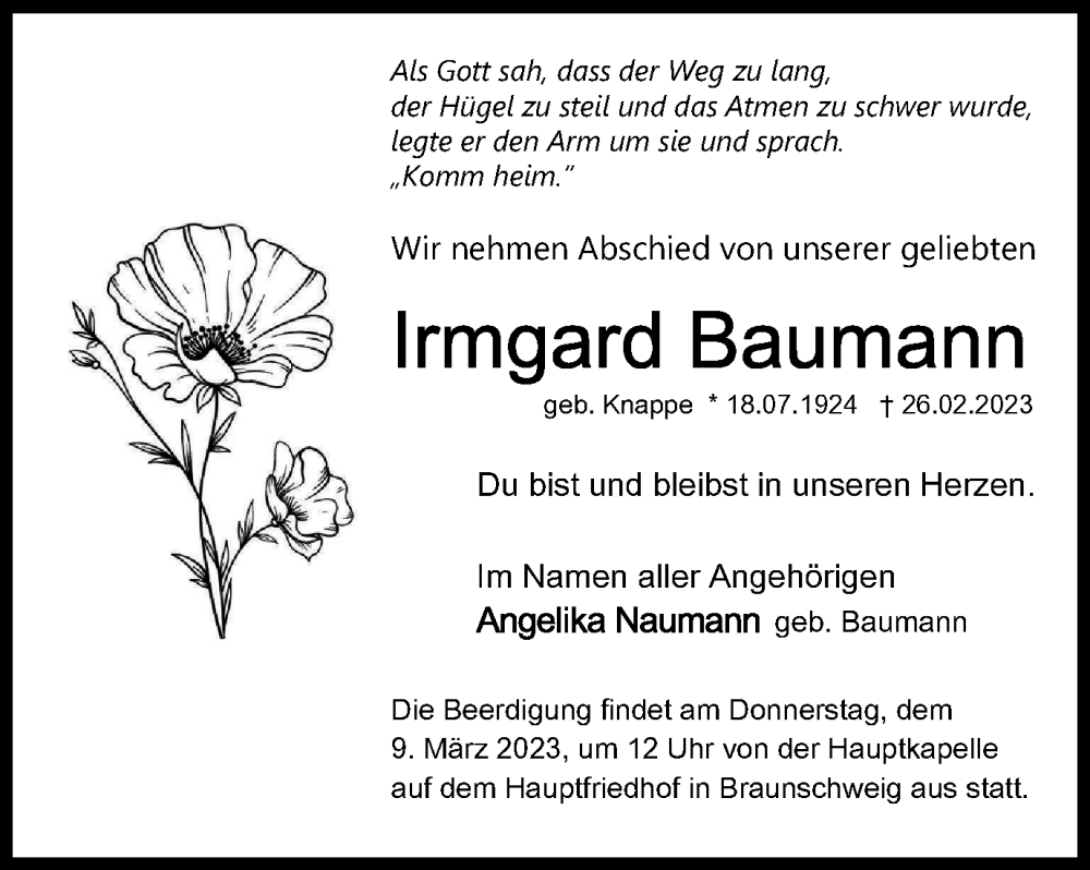  Traueranzeige für Irmgard Baumann vom 04.03.2023 aus Braunschweiger Zeitung