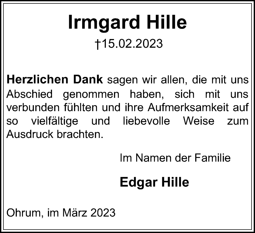  Traueranzeige für Irmgard Hille vom 18.03.2023 aus Wolfenbütteler Zeitung