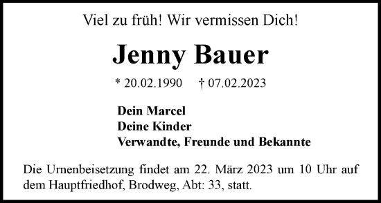 Traueranzeige von Jenny Bauer von Neue Braunschweiger am Samstag