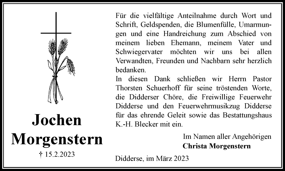  Traueranzeige für Jochen Morgenstern vom 18.03.2023 aus Wolfsburger Nachrichten