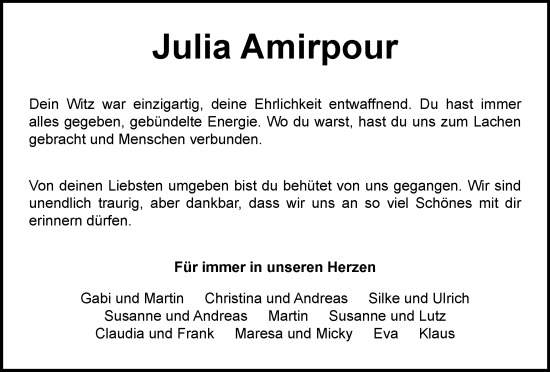 Traueranzeige von Julia Amirpour von Braunschweiger Zeitung