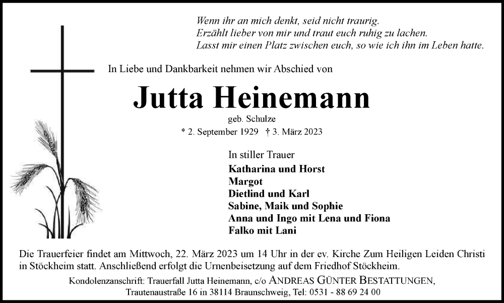  Traueranzeige für Jutta Heinemann vom 11.03.2023 aus Braunschweiger Zeitung