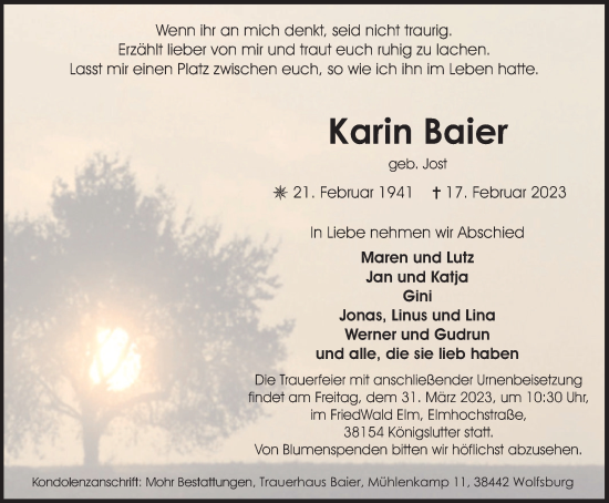 Traueranzeige von Karin Baier von Wolfsburger Nachrichten