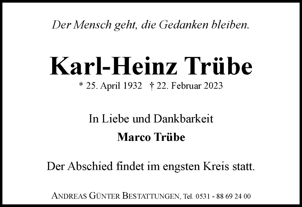  Traueranzeige für Karl-Heinz Trübe vom 04.03.2023 aus Braunschweiger Zeitung