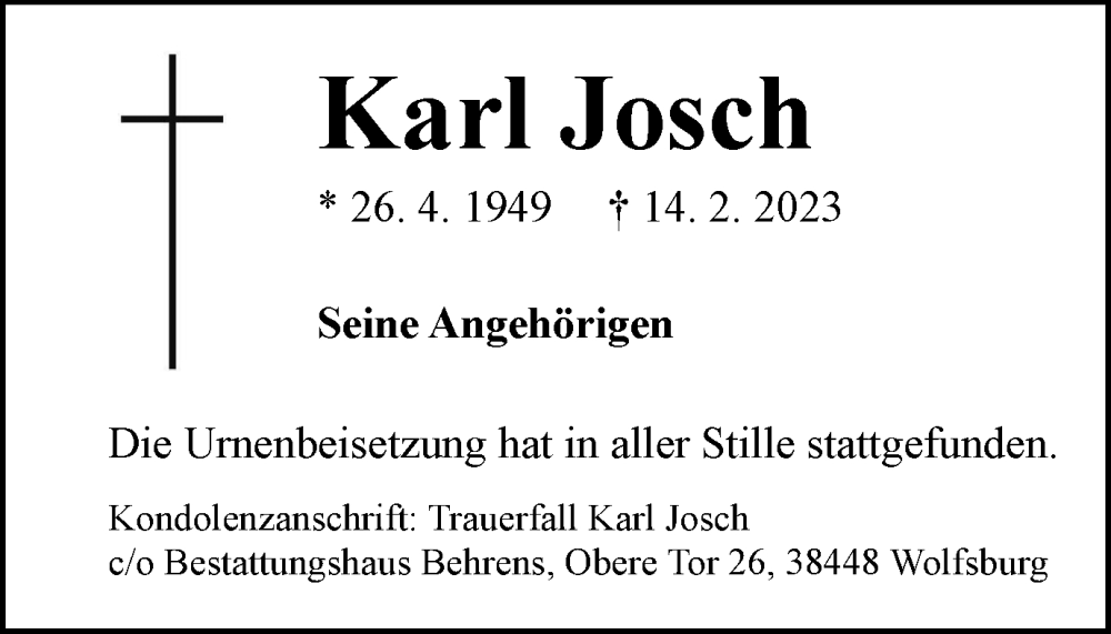  Traueranzeige für Karl Josch vom 11.03.2023 aus Wolfsburger Nachrichten