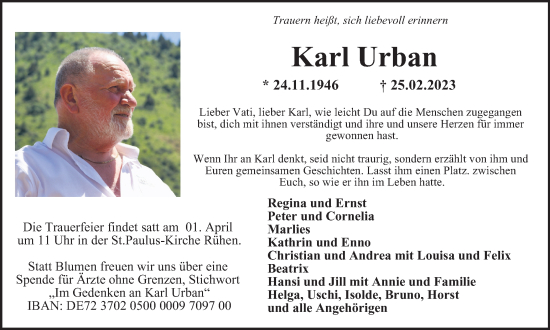 Traueranzeige von Karl Urban von Wolfsburger Nachrichten