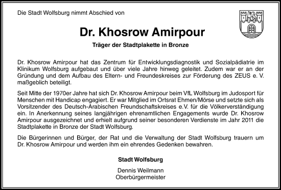 Traueranzeige von Khosrow Amirpour von Wolfsburger Nachrichten