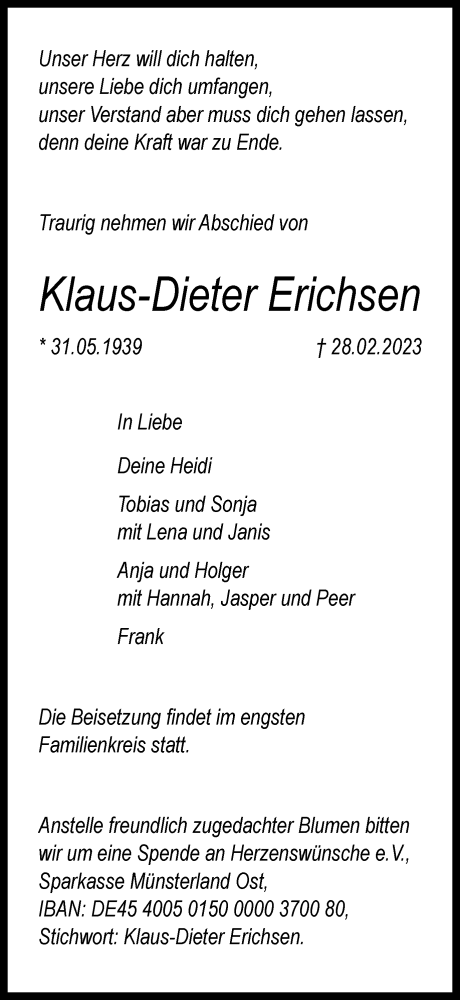 Traueranzeige von Klaus-Dieter Erichsen von Wolfsburger Nachrichten