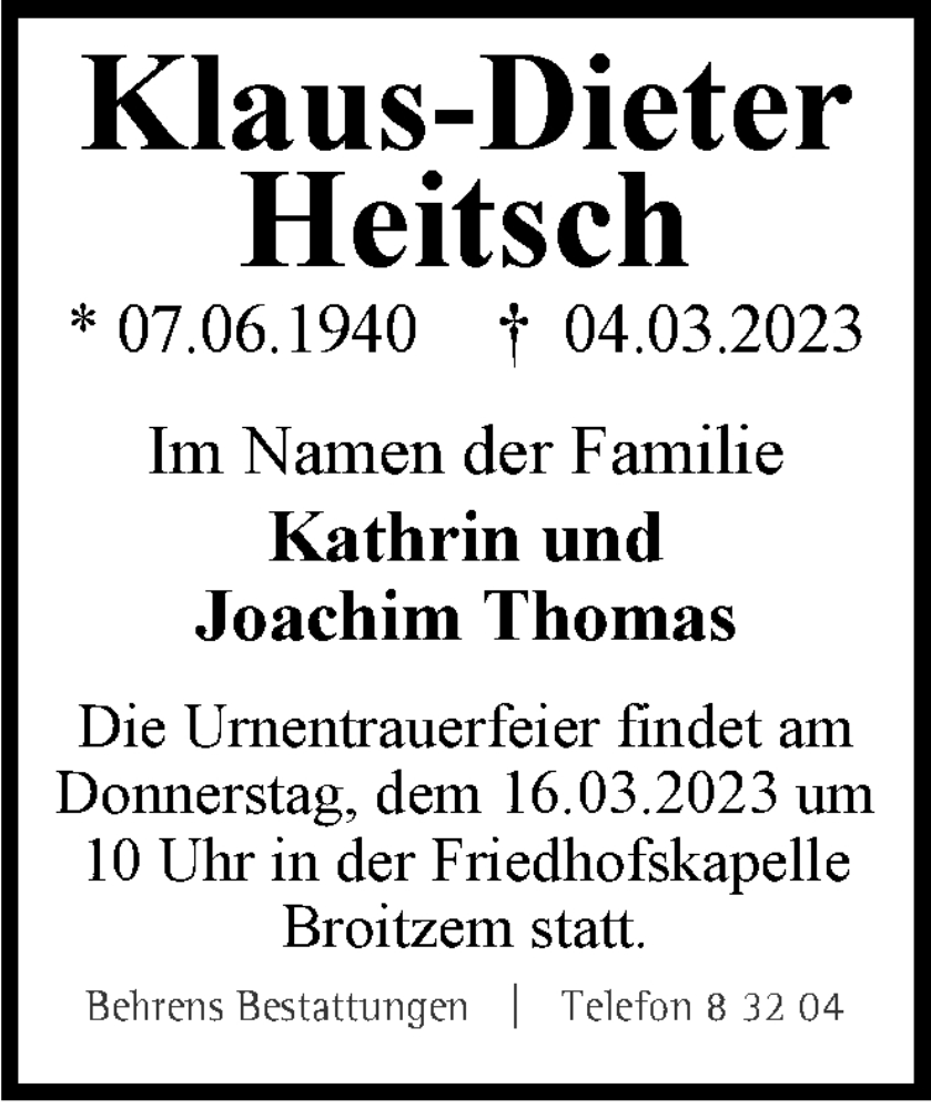  Traueranzeige für Klaus-Dieter Heitsch vom 11.03.2023 aus Braunschweiger Zeitung