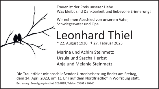 Traueranzeige von Leonhard Thiel von Wolfsburger Nachrichten
