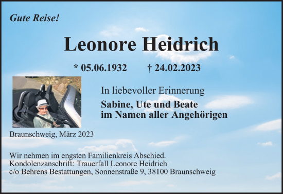 Traueranzeige von Leonore Heidrich von Braunschweiger Zeitung
