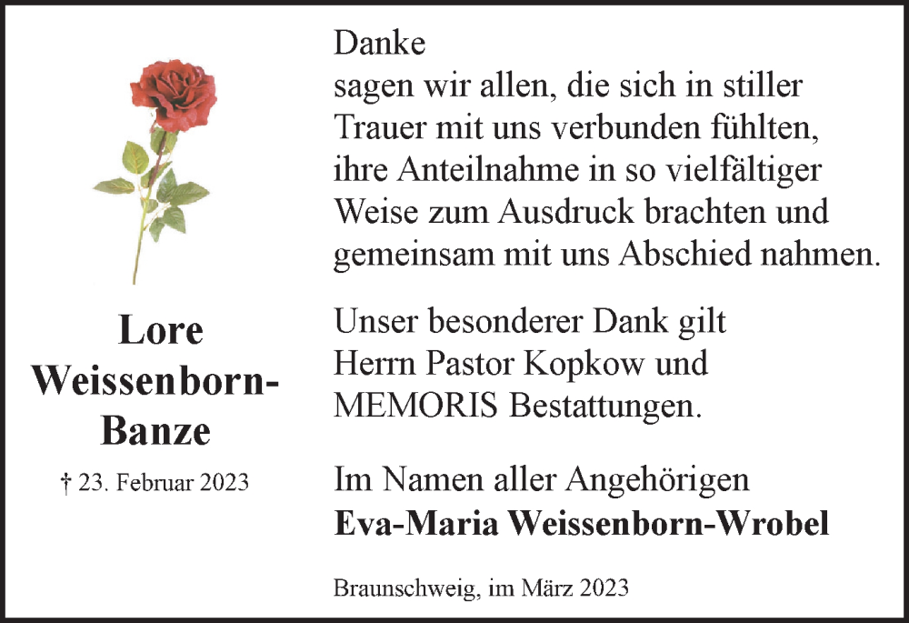  Traueranzeige für Lore Weissenborn-Banze vom 24.03.2023 aus Braunschweiger Zeitung